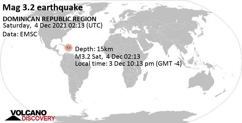 Слабое землетрясение маг. 3.2 - Карибское море, 60 km к юго-востоку от Санто-Доминго, Доминиканская Республика, Пятница,  3 дек 2021 22:13 (GMT -4)