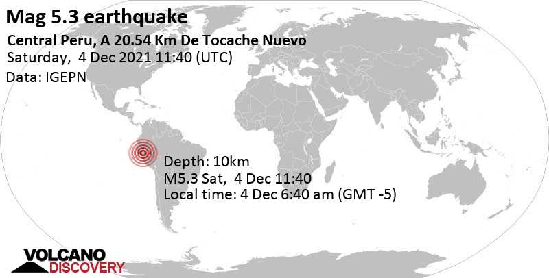 Strong mag. 5.3 earthquake - 21 km north of Tocache, Region de San Martin, Peru, on Saturday, Dec 4, 2021 at 6:40 am (GMT -5)
