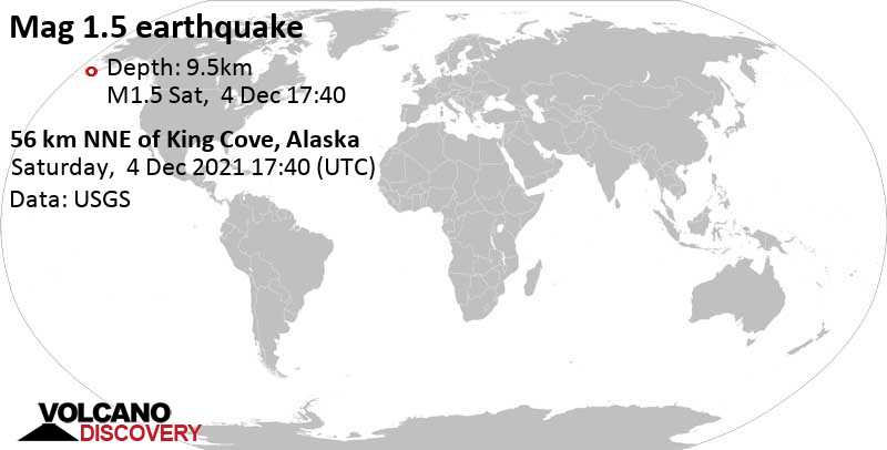 Séisme mineur mag. 1.5 - 56 Km NNE of King Cove, Alaska, samedi,  4 déc. 2021 08:40 (GMT -9)