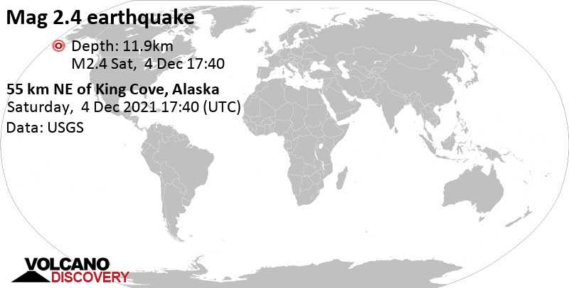 Séisme très faible mag. 2.1 - 60 Km NE of King Cove, Alaska, samedi,  4 déc. 2021 08:39 (GMT -9)