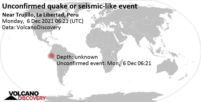 Sismo o evento simile a un terremoto segnalato: 24 km a nord da Trujillo, Regione di La Libertad, Perù, lunedì,  6 dic 2021 01:21 (GMT -5)