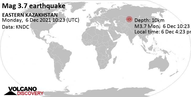 Слабое землетрясение маг. 3.7 - Восточно-Казахстанская область, 25 km к северо-востоку от Kokpekty, Казахстан, Понедельник,  6 дек 2021 16:23 (GMT +6)