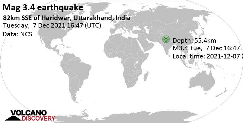 Слабое землетрясение маг. 3.4 - 13 km к северо-востоку от Bijnor, Индия, Вторник,  7 дек 2021 22:17 (GMT +5:30)