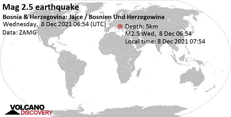Schwaches Erdbeben Stärke 2.5 - Föderation Bosnien und Herzegowina, 44 km südlich von Banja Luka, Bosnien und Herzegowina, am Mittwoch,  8. Dez 2021 um 07:54 Lokalzeit