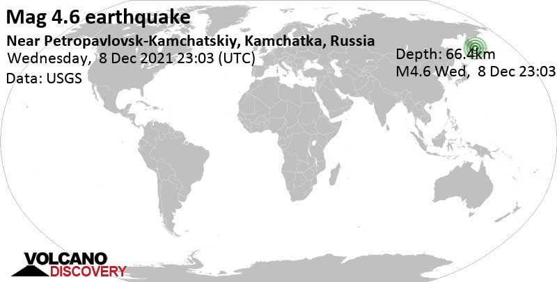 Leichtes Erdbeben der Stärke 4.6 - Nordpazifik, 92 km nordöstlich von Petropawlowsk-Kamtschatski, Kamtschatka, Russland, am Donnerstag,  9. Dez 2021 um 11:03 Lokalzeit