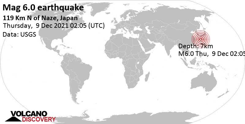 Terremoto molto forte magnitudine 6.0 - East China Sea, 120 km a nord da Naze, Amami Shi, Kagoshima, Giappone, giovedì,  9 dic 2021 11:05 (GMT +9)