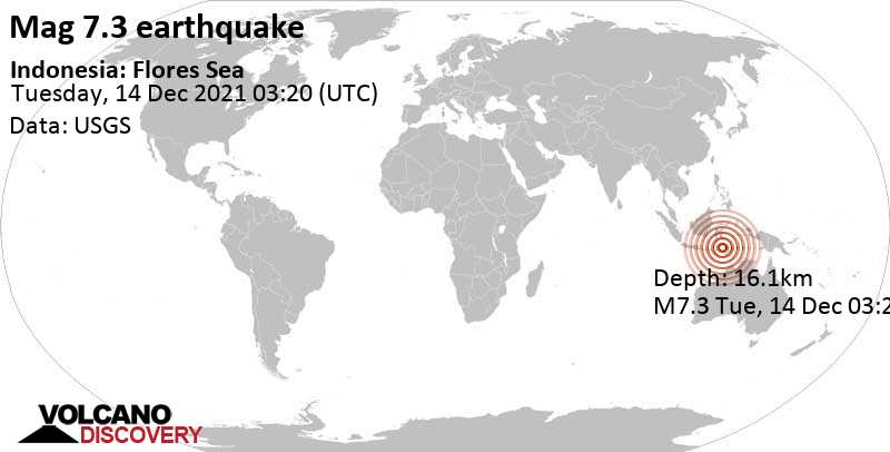Major magnitude 7.3 earthquake - Banda Sea, 110 km north of Maumere, East Nusa Tenggara, Indonesia, on Tuesday, Dec 14, 2021 at 11:20 am (GMT +8)