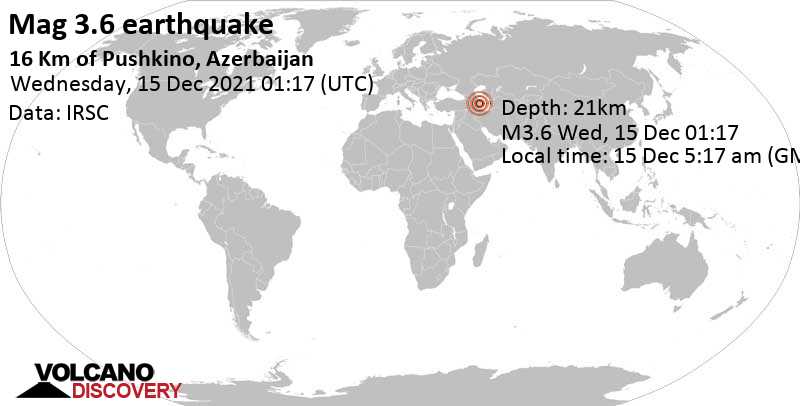 Слабое землетрясение маг. 3.6 - Neftchala Rayon, 15 km к востоку от Pushkino, Азербайджан, Среда, 15 дек 2021 05:17 (GMT +4)