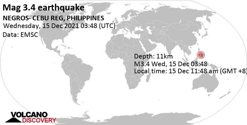 Sismo leggero mag. 3.4 - Philippine Sea, 36 km a nord da Bais City, Filippine, mercoledì, 15 dic 2021 11:48 (GMT +8)