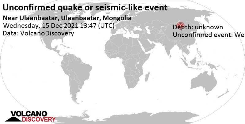 Sismo no confirmado o evento similar a un terremoto: 85 km al suroeste de Зуунмод, Central, Mongolia, miércoles, 15 dic 2021 21:47 (GMT +8)