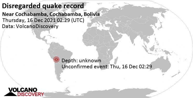 Reported seismic-like event (likely no quake): 3.1 km northeast of Cochabamba, Bolivia, Wednesday, Dec 15, 2021 at 10:29 pm (GMT -4)