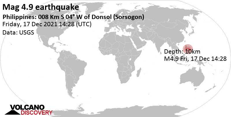 Terremoto moderato mag. 4.9 - Philippine Sea, 44 km a sud ovest da Legazpi, Filippine, venerdì, 17 dic 2021 22:28 (GMT +8)