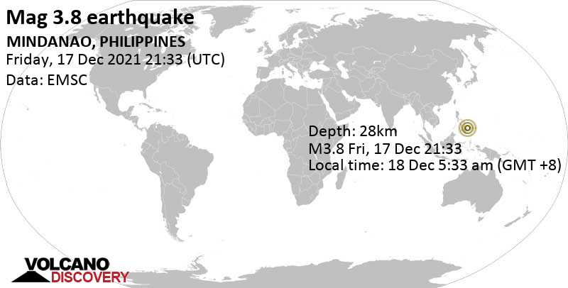 Leichtes Erdbeben der Stärke 3.8 - Philippine Sea, 42 km südöstlich von Tandag City, Philippinen, am Samstag, 18. Dez 2021 um 05:33 Lokalzeit