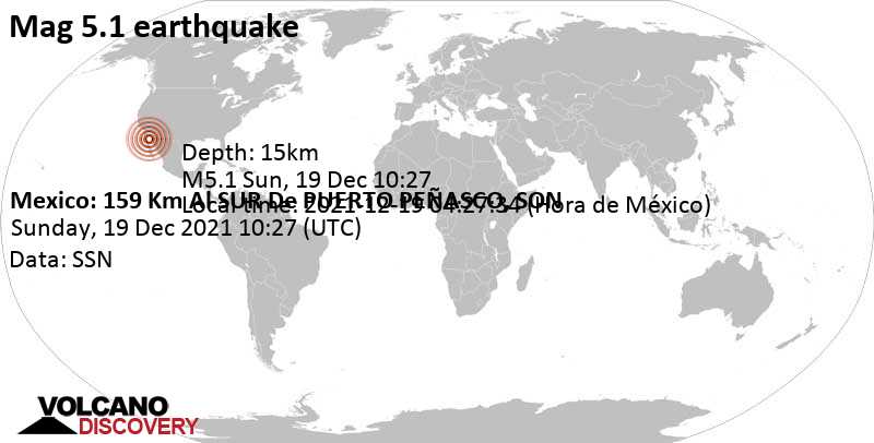 Strong mag. 5.1 earthquake - 159 km south of Puerto Peñasco, Sonora, Mexico, on Sunday, Dec 19, 2021 at 2:27 am (GMT -8)