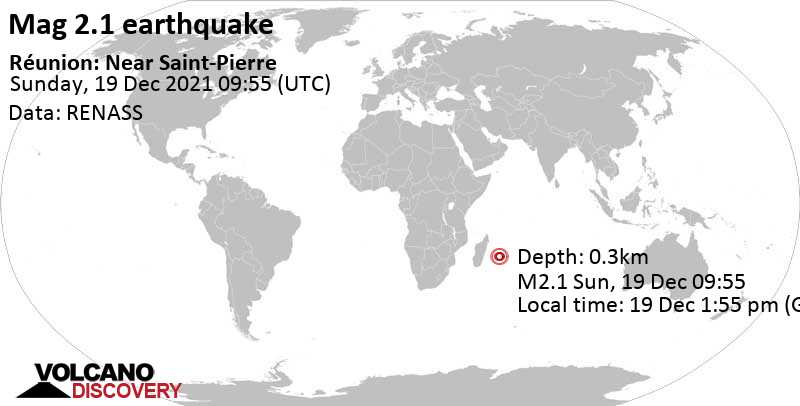 Schwaches Erdbeben Stärke 2.1 - 21 km östlich von Le Tampon, Reunion, Réunion, am Sonntag, 19. Dez 2021 um 13:55 Lokalzeit
