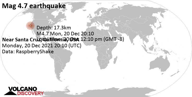 Moderate mag. 4.7 earthquake - 11 mi southwest of Novato, Marin County, California, USA, on Monday, Dec 20, 2021 at 12:10 pm (GMT -8)