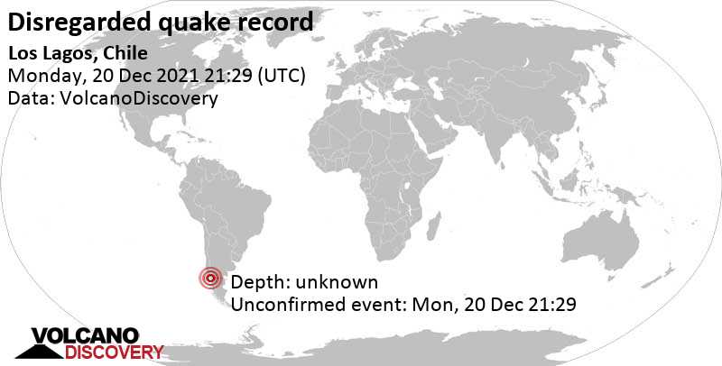 Rivisto come sismo che non ha avuto luogo: magnitudo 3.0, 68 km a sud-est da Puerto Montt, Llanquihue, Los Lagos, Cile, lunedì, 20 dic 2021 18:29 (GMT -3)