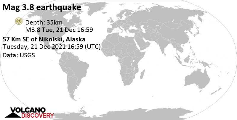 Light mag. 3.8 earthquake - North Pacific Ocean, 109 mi southwest of Unalaska, Aleutians West, Alaska, USA, on Tuesday, Dec 21, 2021 at 5:59 am (GMT -11)