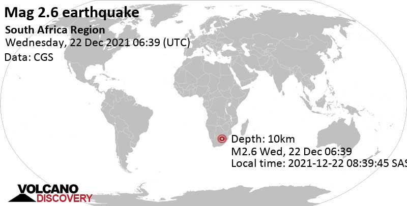Weak mag. 2.6 earthquake - 6.6 km west of Kutloanong, South Africa, on Wednesday, Dec 22, 2021 at 8:39 am (GMT +2)