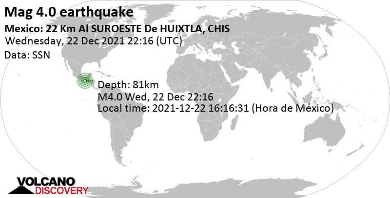 Light mag. 4.0 earthquake - 43 km west of Tapachula de Cordova y Ordoñez, Chiapas, Mexico, on Wednesday, Dec 22, 2021 at 4:16 pm (GMT -6)