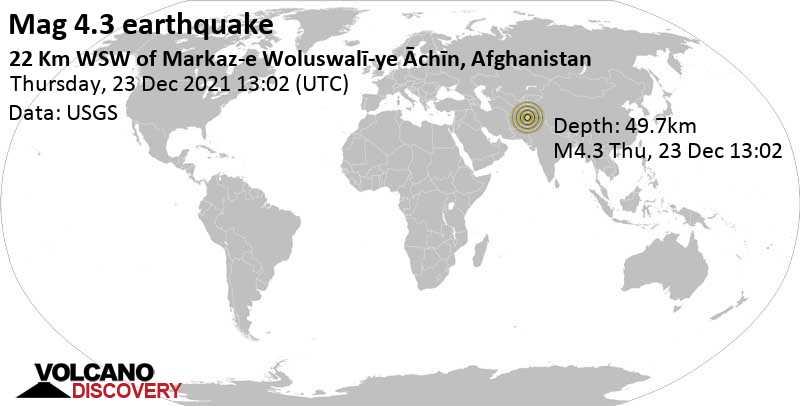 Séisme faible mag. 4.3 - 42 km au sud de Jalalabad, Nangarhar, Afghanistan, jeudi, 23 déc. 2021 18:02 (GMT +5)