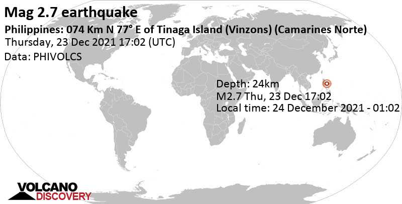 Sismo débil mag. 2.7 - Philippine Sea, 92 km NE of Daet, Philippines, viernes, 24 dic 2021 01:02 (GMT +8)