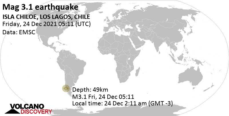 Sismo debile mag. 3.1 - 31 km a ovest da Castro, Chiloe, Los Lagos, Cile, venerdì, 24 dic 2021 02:11 (GMT -3)