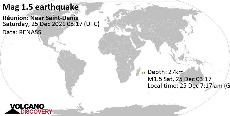 Незначительное землетрясение маг. 1.5 - 8.3 km к югу от Сен-Дени, Reunion, Réunion, Реюньон, Суббота, 25 дек 2021 07:17 (GMT +4)