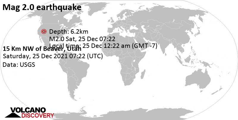 Weak mag. 2.0 earthquake - 15 Km NW of Beaver, Utah, on Saturday, Dec 25, 2021 at 12:22 am (GMT -7)
