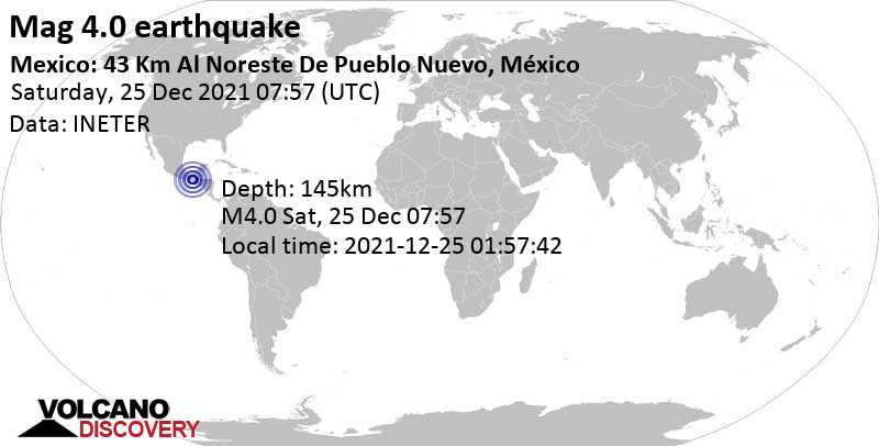 Light mag. 4.0 earthquake - 25 km northwest of Motozintla, Chiapas, Mexico, on Saturday, Dec 25, 2021 at 1:57 am (GMT -6)