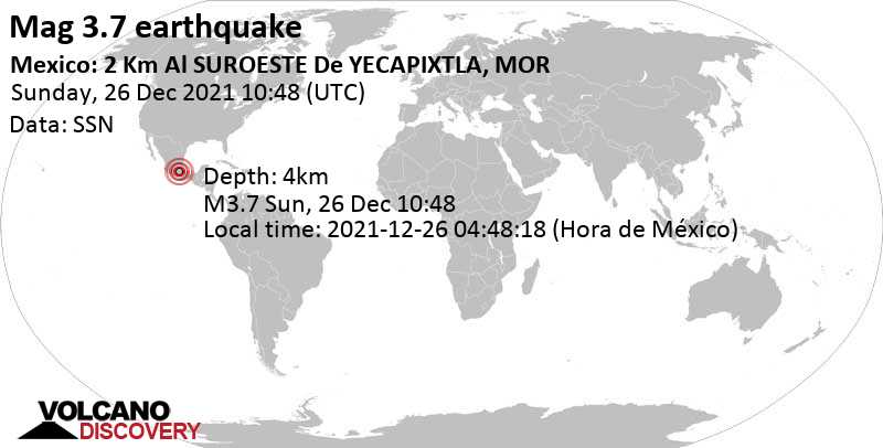 Séisme modéré mag. 3.7 - 10.3 km au nord-est de Cuautla, Morelos, Mexique, dimanche, 26 déc. 2021 04:48 (GMT -6)