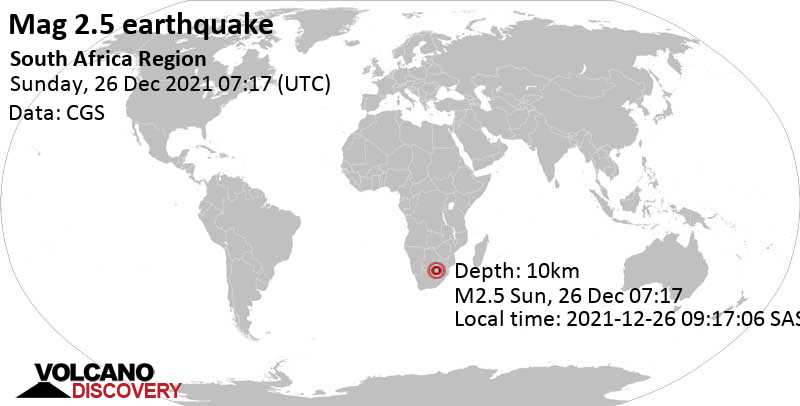 Weak mag. 2.5 earthquake - 5.2 km northeast of Stilfontein, South Africa, on Sunday, Dec 26, 2021 at 9:17 am (GMT +2)