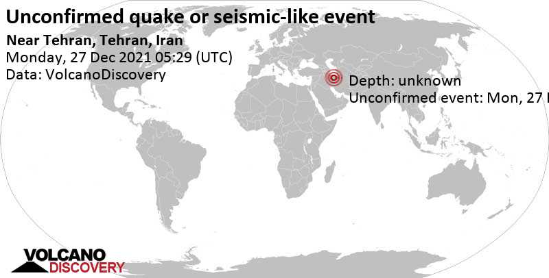 Séisme ou événement semblable à un séisme non confirmé: 7.5 km au nord de Téhéran, Tehran, Iran, lundi, 27 déc. 2021 08:59 (GMT +3:30)