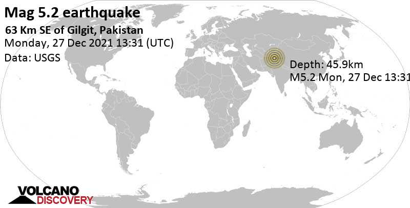 Μέτριος σεισμός μεγέθους 5.2 - 63 km νοτιοανατολικά από Gilgit, Πακιστάν, Δευτέρα, 27 Δεκ 2021 18:31 (GMT +5)