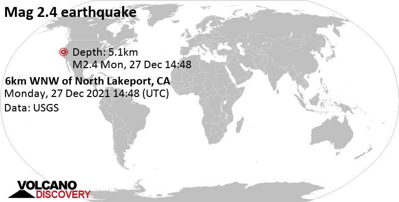 Mag. 2.4 quake - Lake County, 13 mi east of Ukiah, Mendocino County, California, USA, on Monday, Dec 27, 2021, at 07:48 am (Los Angeles time)
