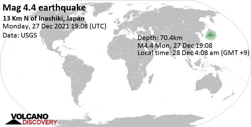 Leichtes Erdbeben der Stärke 4.4 - 32 km südlich von Mito, Präfektur Ibaraki, Japan, am Dienstag, 28. Dez 2021 um 04:08 Lokalzeit