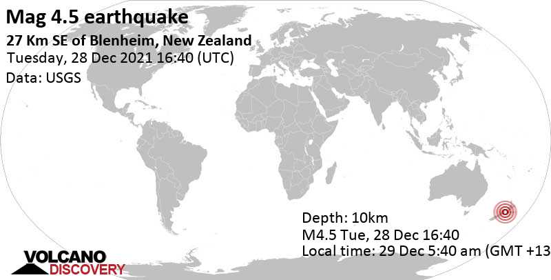 Moderates Erdbeben der Stärke 4.5 - Tasman Sea, 27 km südöstlich von Blenheim, Marlborough District, Neuseeland, am Mittwoch, 29. Dez 2021 um 05:40 Lokalzeit