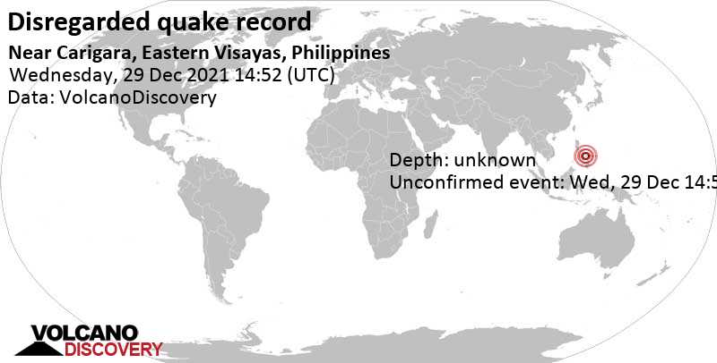 Rivisto come sismo che non ha avuto luogo: magnitudo 3.0, 22 km a ovest da Carigara, Province of Leyte, Visayas Orientale, Filippine, mercoledì, 29 dic 2021 22:52 (GMT +8)