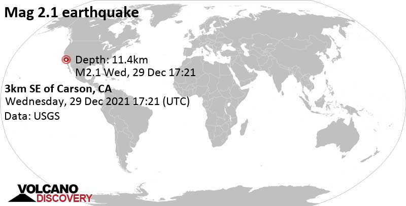 Μικρός σεισμός μεγέθους 2.1 - 3km SE of Carson, CA, Τετάρτη, 29 Δεκ 2021 09:21 (GMT -8)