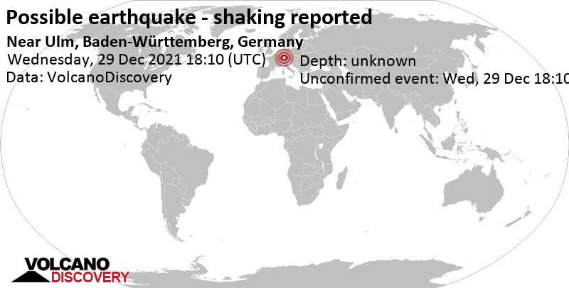 Reported quake or seismic-like event: 19 km east of Reutlingen, Tuebingen, Baden-Württemberg, Germany, Wednesday, Dec 29, 2021 at 7:10 pm (GMT +1)