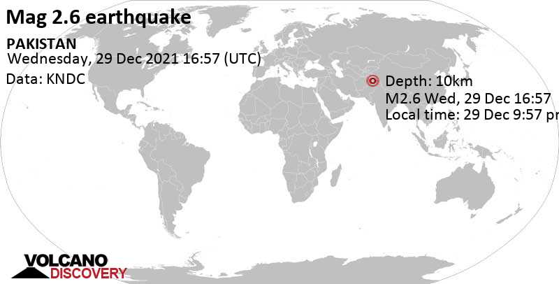 Weak mag. 2.6 earthquake - Khyber Pakhtunkhwa, 53 km north of Muzaffarabad, Pakistan, on Wednesday, Dec 29, 2021 at 9:57 pm (GMT +5)