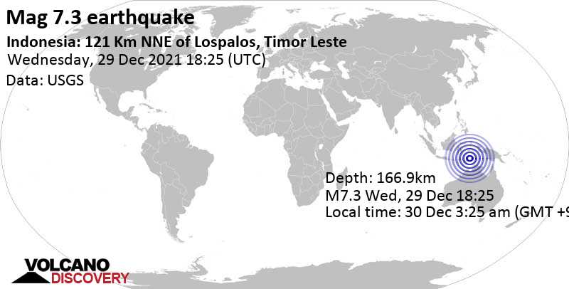 Tremblement de terre majeur magnitude 7.3 - Banda Sea, 122 km au nord-est de Lospalos, Municipio de Lautem, Timor oriental, jeudi, 30 déc. 2021 03:25 (GMT +9)