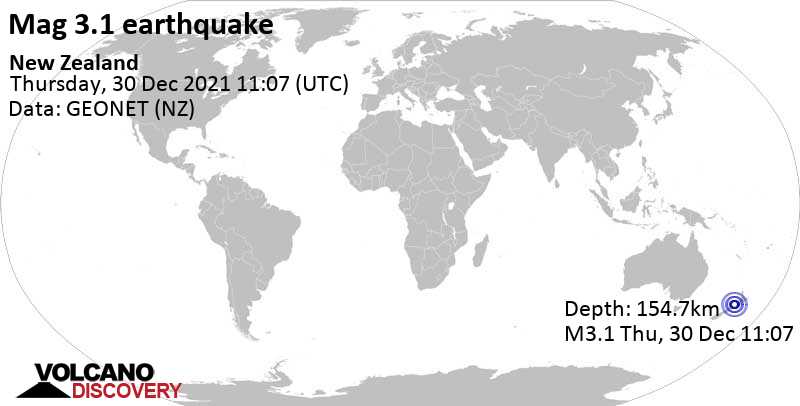 Sehr schwaches Beben Stärke 3.1 - Tasman Sea, 155 km nordwestlich von Wellington, Neuseeland, am Freitag, 31. Dez 2021 um 00:07 Lokalzeit