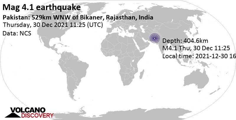 Séisme faible mag. 4.1 - Pakistan: 529km WNW of Bikaner, Rajasthan, India, jeudi, 30 déc. 2021 16:25 (GMT +5)