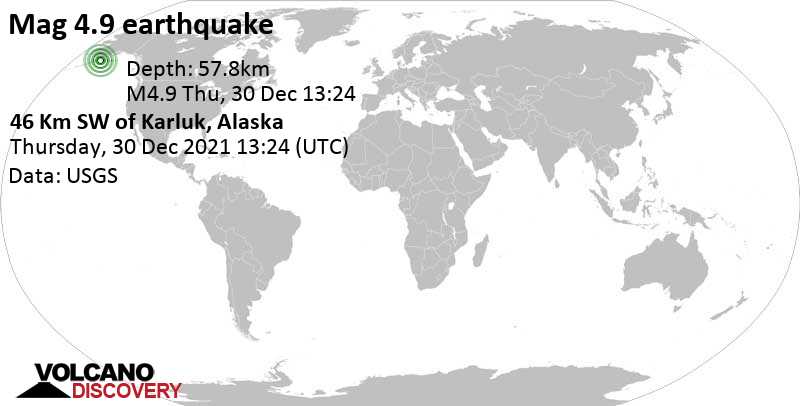 Moderate mag. 4.9 earthquake - Alaska, USA, on Thursday, Dec 30, 2021 at 4:24 am (GMT -9)