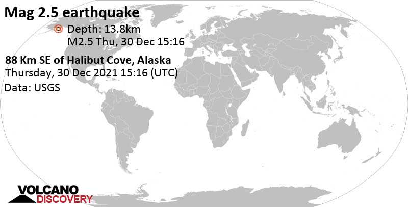 Weak mag. 2.5 earthquake - 88 Km SE of Halibut Cove, Alaska, on Thursday, Dec 30, 2021 at 5:16 am (GMT -10)
