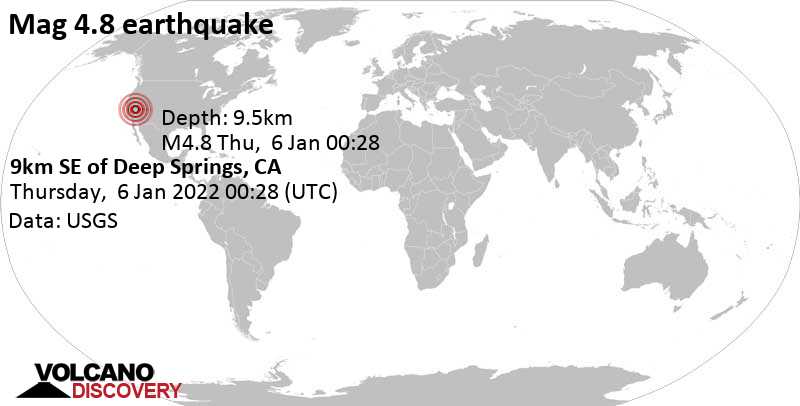 Умеренное землетрясение маг. 4.8 - Калифорния, Соединенные Штаты, Среда,  5 янв 2022 16:28 (GMT -8)