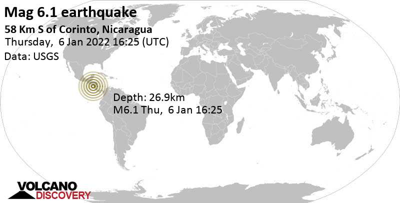 Πολύ δυνατός σεισμός μεγέθους 6.1 - North Pacific Ocean, 99 km δυτικά από Μανάγκουα, Νικαράγουα, Πέμπτη,  6 Ιαν 2022 10:25 (GMT -6)