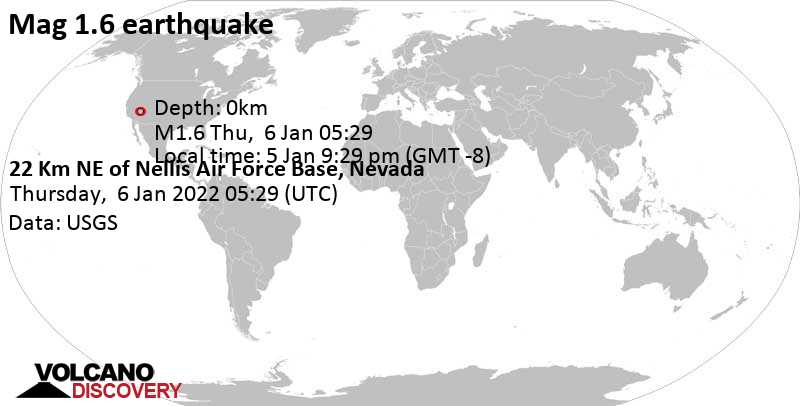 Незначительное землетрясение маг. 1.6 - 22 Km NE of Nellis Air Force Base, Nevada, Среда,  5 янв 2022 21:29 (GMT -8)