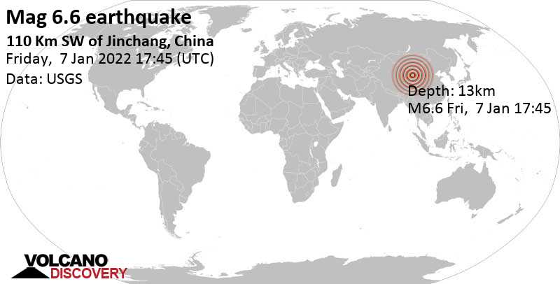 Major magnitude 6.6 earthquake - 139 km north of Xining, Qinghai, China, on Saturday, Jan 8, 2022 at 1:45 am (GMT +8)